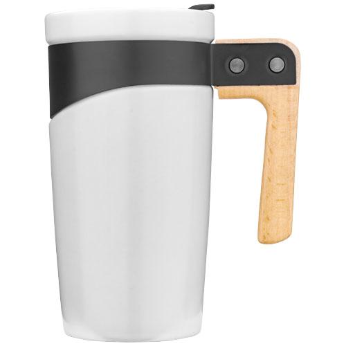 Mug céramique Grotto 475ml - finition mate et poignée en bois naturel - avec système de fermeture coulissant_0