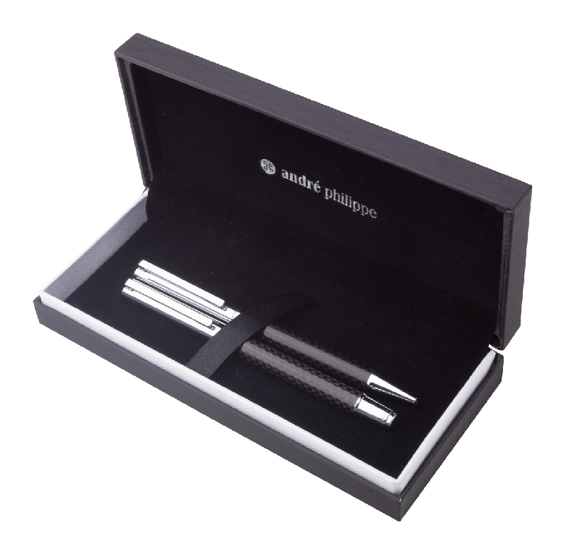 Parure stylos - Stylo à bille et roller en métal avec motifs carbone - Coffret cadeau André Philippe_0