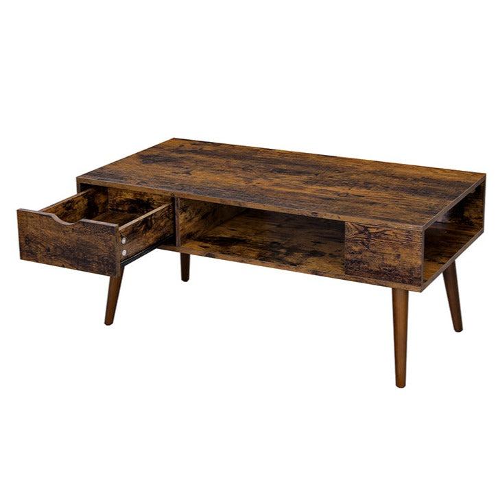 Table basse avec rangements - tiroir, compartiment ouvert, pieds longs - 100x50x45 cm marron rustique - LCT028X01_0