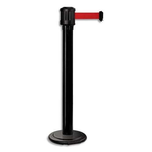 Viso poteau en acier noir h100 cm + enrouleurs à sangle rouge l4,3m x h5cm, base lestée à roulettes d33cm_0