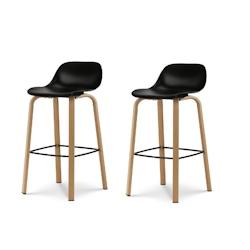 Kosmi Lot de 2 tabourets de bar noirs style scandinave avec pieds effet bois en métal - Hauteur 66cm - noir 3760301694465_0