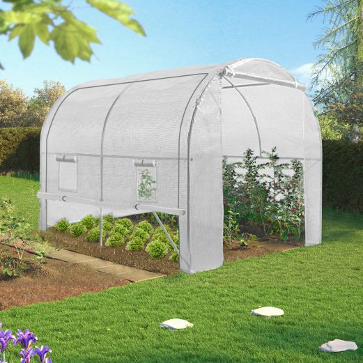 13150 - Bâche de rechange blanche 130g/m² pour serre tunnel 6m² - 4 saisons avec fenêtres moustiquaires anti-UV_0