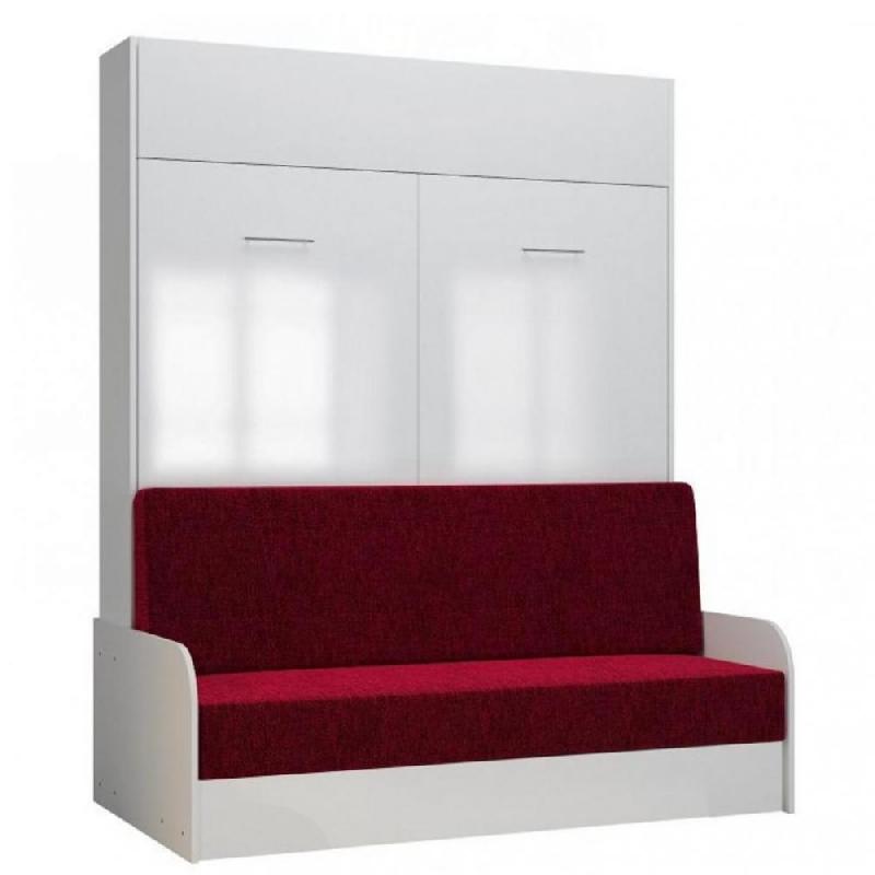 ARMOIRE LIT ESCAMOTABLE DYNAMO SOFA ACCOUDOIRS FAÇADE BLANC BRILLANT CANAPÉ ROUGE 160*200 CM_0