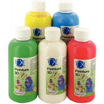 Lot de 5 flacons de peinture 3D 250ml - 5 coloris assortis - Avec 10 stylos applicateurs 25ml offerts_0