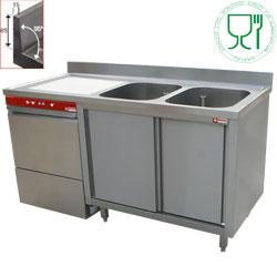 Pack : lave-vaisselle panier 500x500 mm d86/6 avec plonge sur armoires 2 cuves et 1 égouttoir gauche 1600 active wash à double parois - L1621VS-AS_D86/6_0