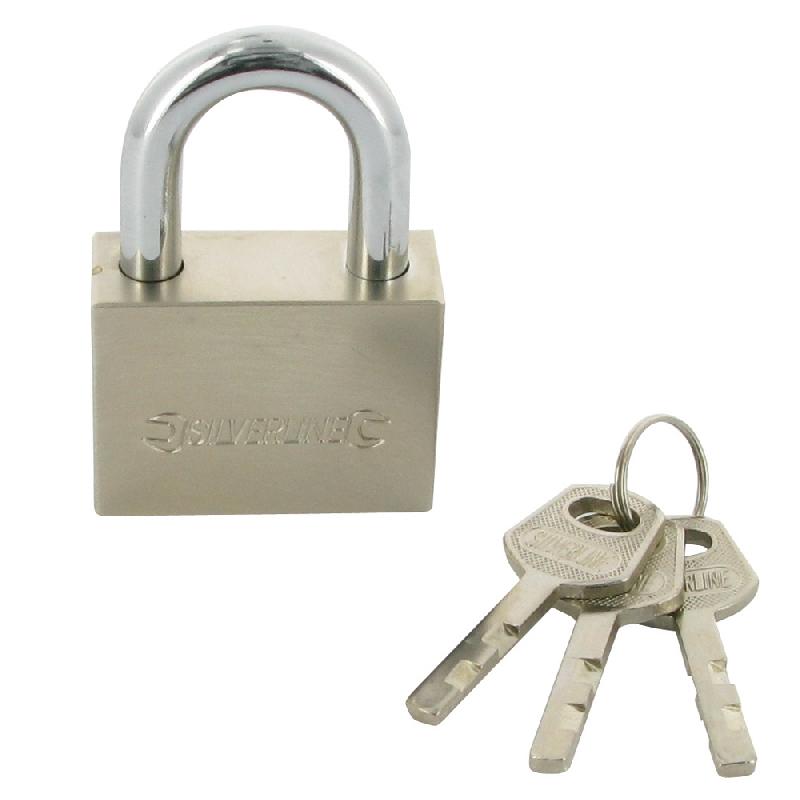 Cadenas en acier massif 50 mm - Silverline 595754 - avec anse en laiton chromé trempé et cylindre en laiton_0