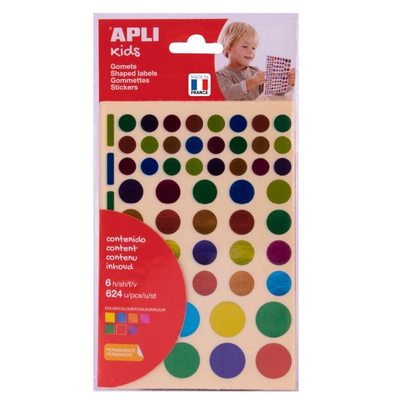 Apli Sachet de 624 gommettes Ronds métallisés, coloris assortis (6 feuilles / cdt) - 8410782135296_0