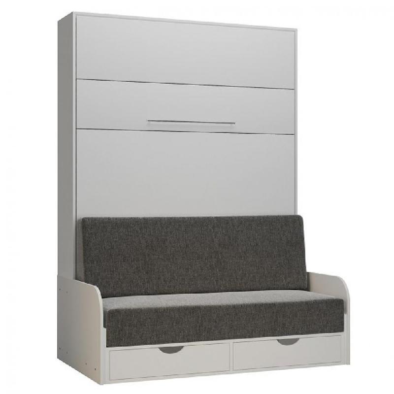 ARMOIRE LIT ESCAMOTABLE KOMPACT SOFA CANAPÉ TIROIRS ACCOUDOIRS BLANC MAT TISSU GRIS COUCHAGE 140*200 CM_0