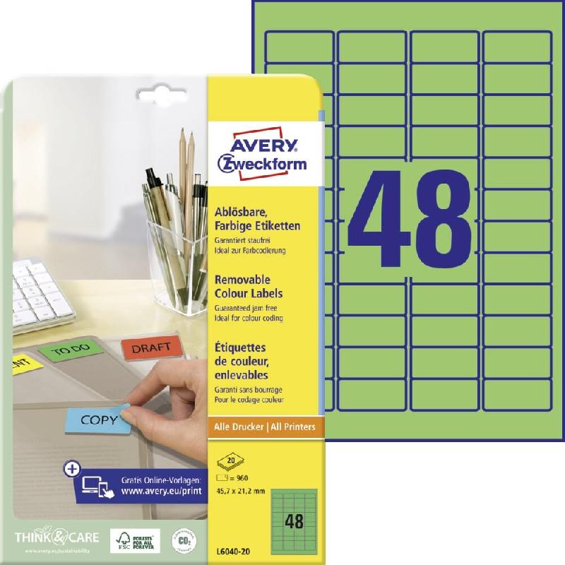 Avery Zweckform 960 étiquettes enlevables Laser vertes, format 45,7 x 21,2mm (20 feuilles A4 / cdt) - vert papier L6040-20_0