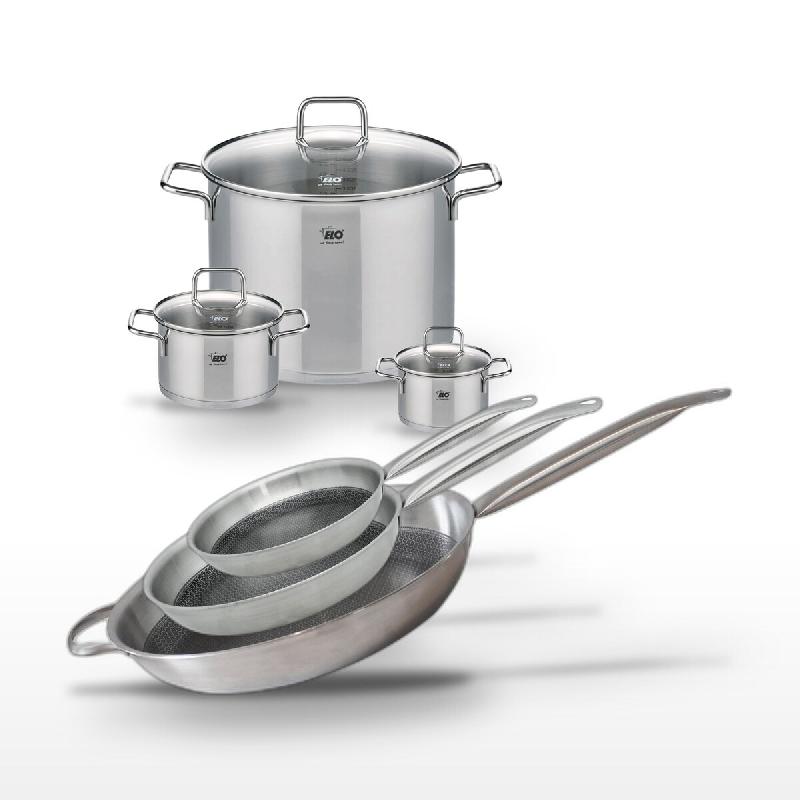 Batterie de cuisine avec 3 poêles 24/28/32 cm et 3 faitouts 12/16/26 cm en inox et aluminium sans PFAS Elo Collection Relief Solution Citrin - gris 3_0