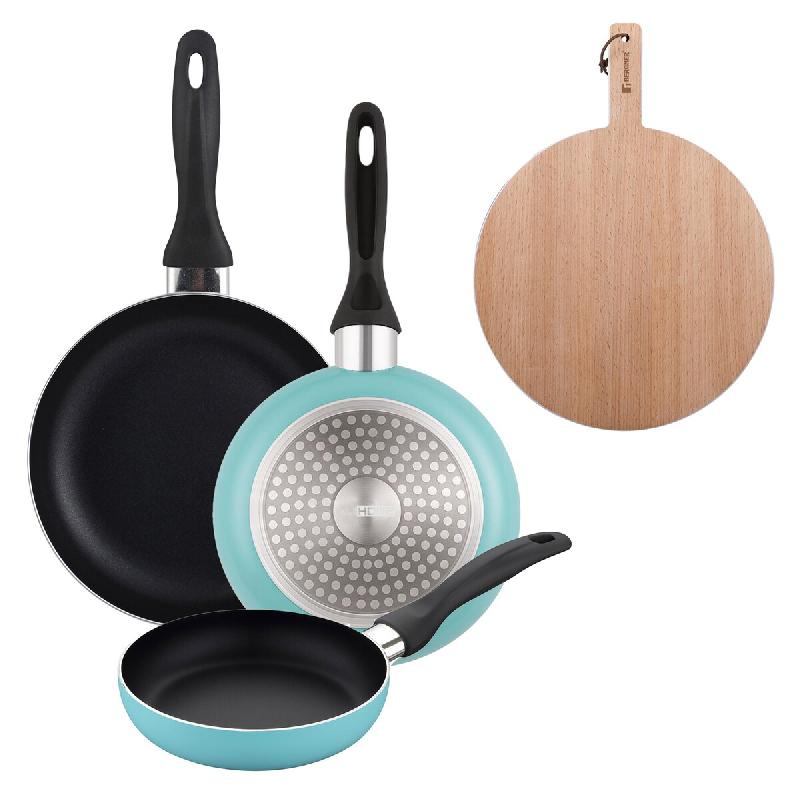 BERGNER - Set de 3 Poêles Ø16/20/24cm en Aluminium Pressé Coloris Bleu Mat avec Planche à Découper Ronde 38x28x1,5cm en Bois de Hêtre - PK9930_0