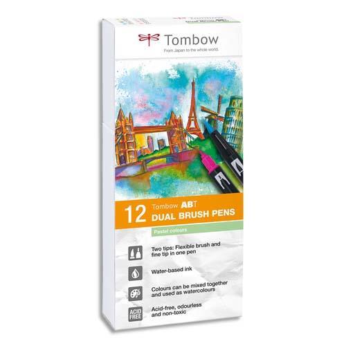 FEUTRES TOMBOW ABT DOUBLE POINTE - PINCEAU + FINE - COULEURS PASTELS ASSORTIS - BOÎTE DE 12