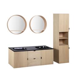 MOB-IN Meuble double vasque 140cm chêne STUDIO suspendu + miroir rond + colonne - beige 3760232703267_0