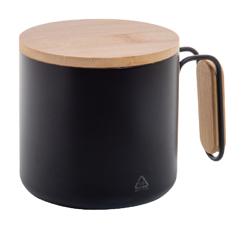 Mug thermos - double paroi en acier inoxydable recyclé - 300 ml avec couvercle et poignée en bambou_0