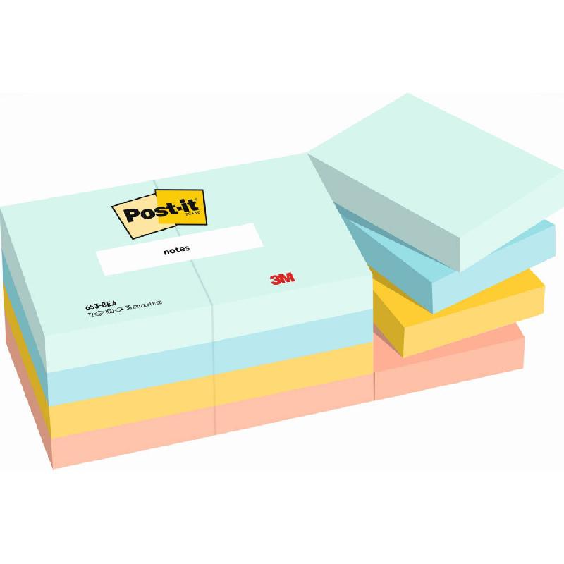 NOTES REPOSITIONNABLES POST-IT BEACHSIDE 38 X 51 MM COLORIS ASSORTIES - 12 BLOCS DE 100 FEUILLES