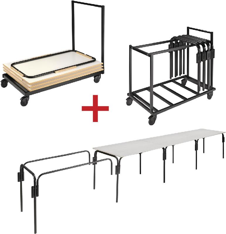 PACK RÉUNION 10 TABLES 120X80 CM INFINI PLATEAU GRIS + 2 CHARIOTS DE STOCKAGE