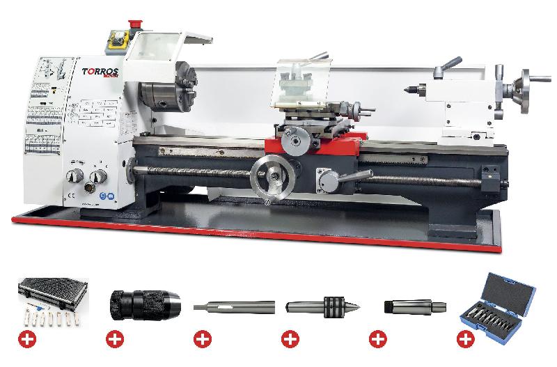 Tour à métaux d'établi hauteur des pointes 125 mm entre-pointes 550 mm alésage 26 mm 0,75 kW 230V + accessoires essentiels Torros PACK TR2550 230V_0