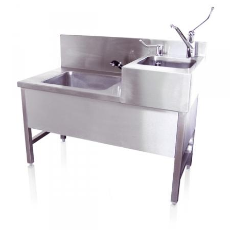 Unité de lavage-drainage 2 bacs côte à côte - Inox AISI 304L - Bac abaissé pour toilette du défunt et bac haut pour lavage des mains_0