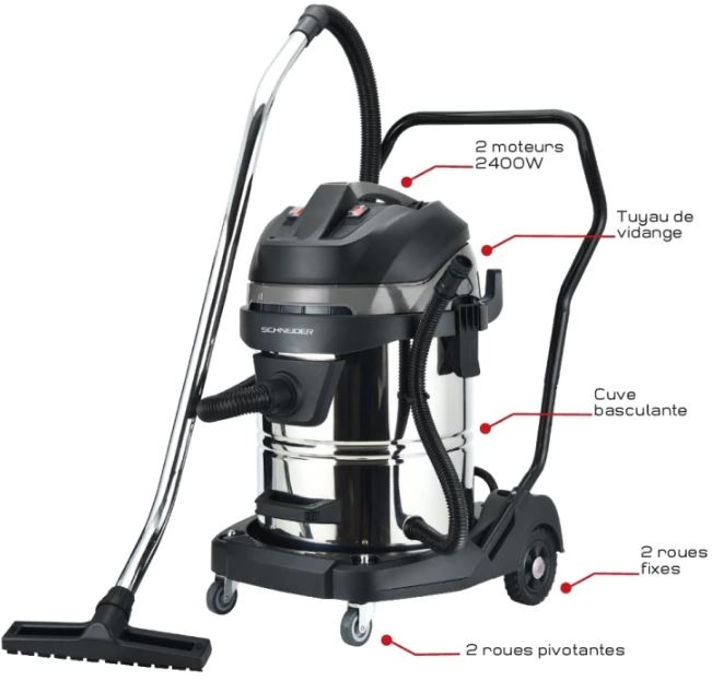 Aspirateur eau et poussière 60L - 230V - 2400W - cuve métallique basculante - 2 moteurs - réf. 50007_0