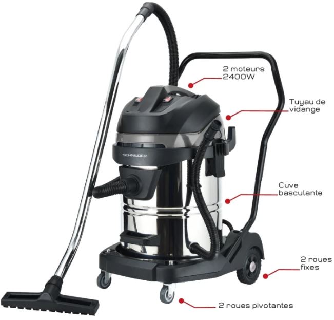 Aspirateur eau et poussière 60L 230V 2400W cuve métallique basculante/2 moteurs - 50007_0