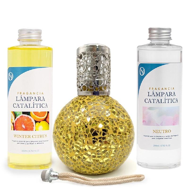 MamaManuela Pack Economies Lampe Catalytique Mosaïque Or + Parfum Agrumes d'Hiver (500ml) + Nettoyant Neutre (200ml) + Mèche de Recharge - MM-LCAT-2_0