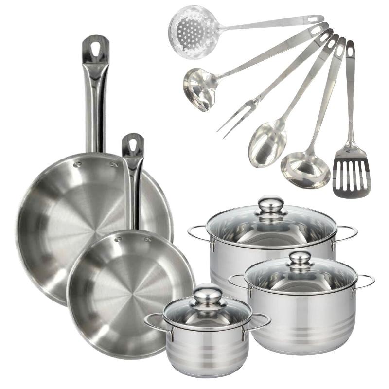 Batterie de cuisine avec 2 poêles 24/28 cm et 3 faitouts 20/24/16 cm avec 6 ustensiles de cuisine Fackelmann Etherna Brillant Oxford - gris inox 3176_0