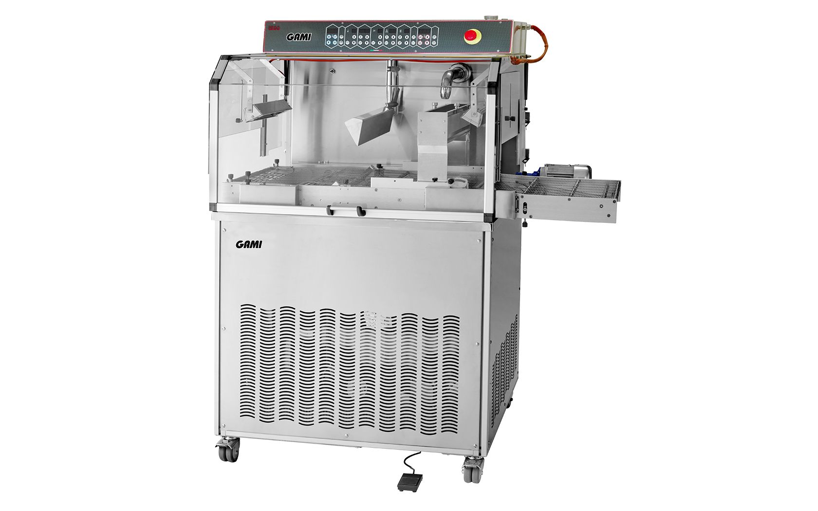 Machine tempéreuse T550 - Gami Chocolate Equipment - capacité cuve 55 kg - 250 kg/h - en acier inoxydable avec chariot d'enrobage_0