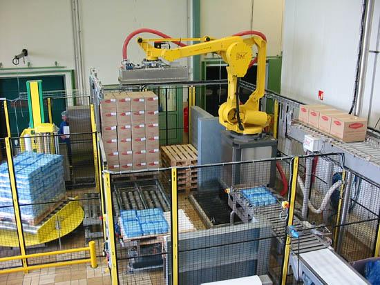 Station de palettisation robotisée - palettes, intercalaires, caisses carton, produits sous film_0