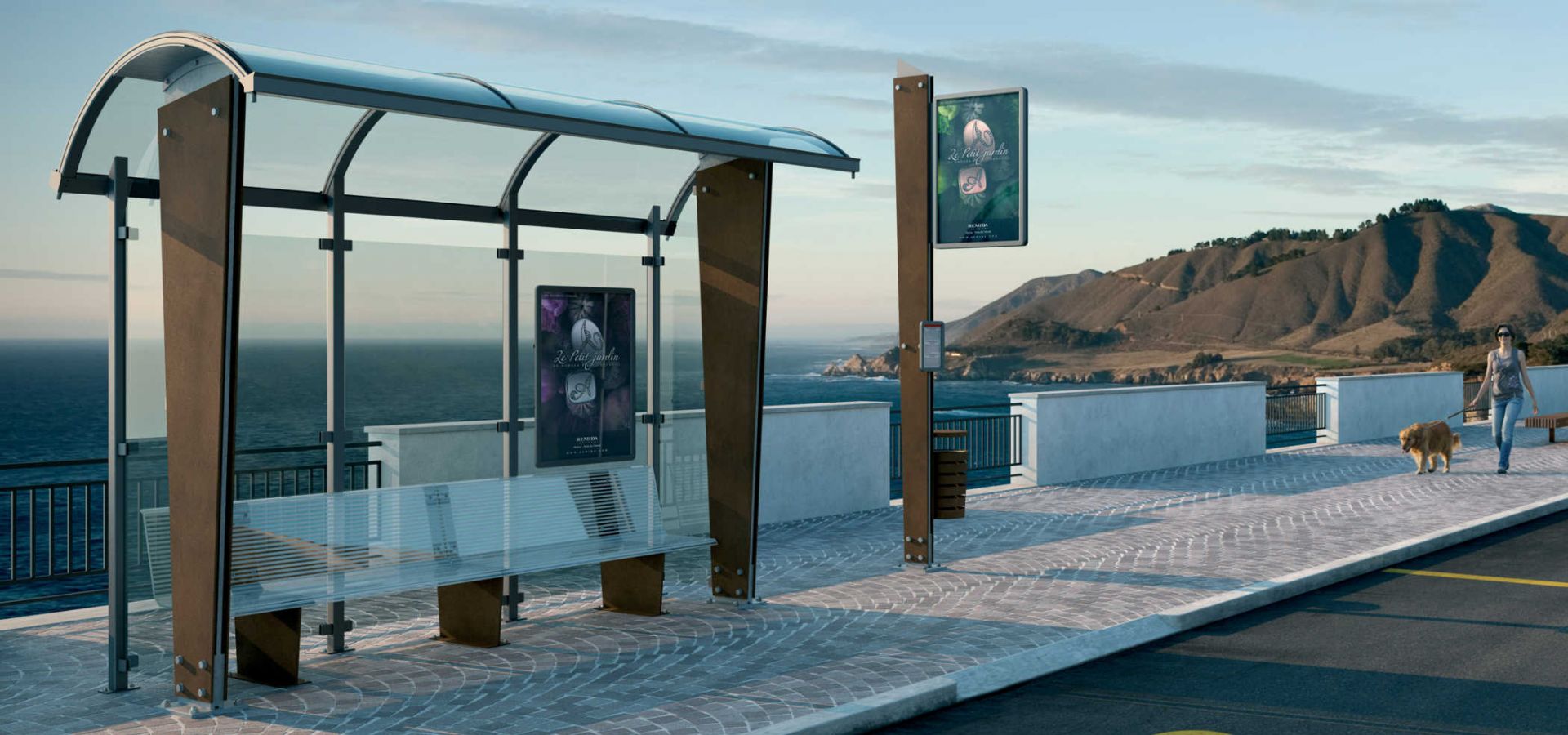 Abri bus omnibus / structure en acier / bardage en verre trempé / avec banquette / 370 x 175.5 cm_1