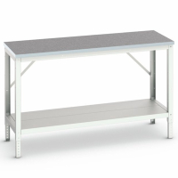 Établi d'atelier VERSO - hauteur réglable, plateau lino 30 mm, tablette inférieure et charge 600 kg_0