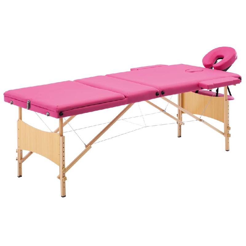 Table de massage pliable 3 zones en bois - couleur rose - avec accessoires et sac de transport_0