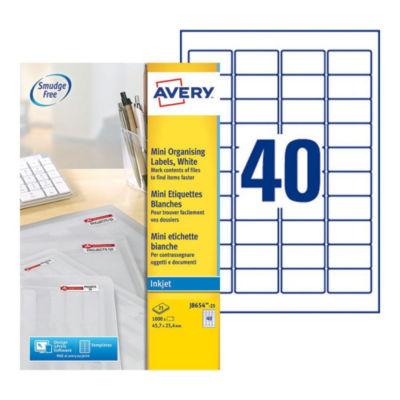 Avery J8654 Mini-étiquettes courrier blanches pour imprimantes jet d'encre 45,7 x 25,4 mm - 25 feuilles - 1000 étiquettes_0