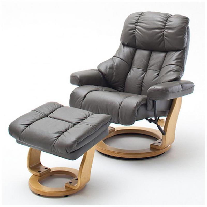 Fauteuil relax Clairac XL - assise en cuir marron nougat, pied en bois naturel avec repose-pied, inclinable 135° et rotation 360°_0