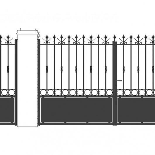 Portail - portillon droit majorque soubassement tôle, rond, bagues 1, barreau sur 2, fer de lance, volute haute_0