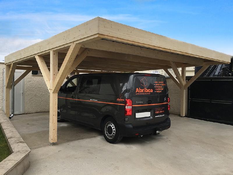 Abri monopente en sapin lamellé collé pour 2 voitures avec porte à faux - 6.04m x 6.02m_0