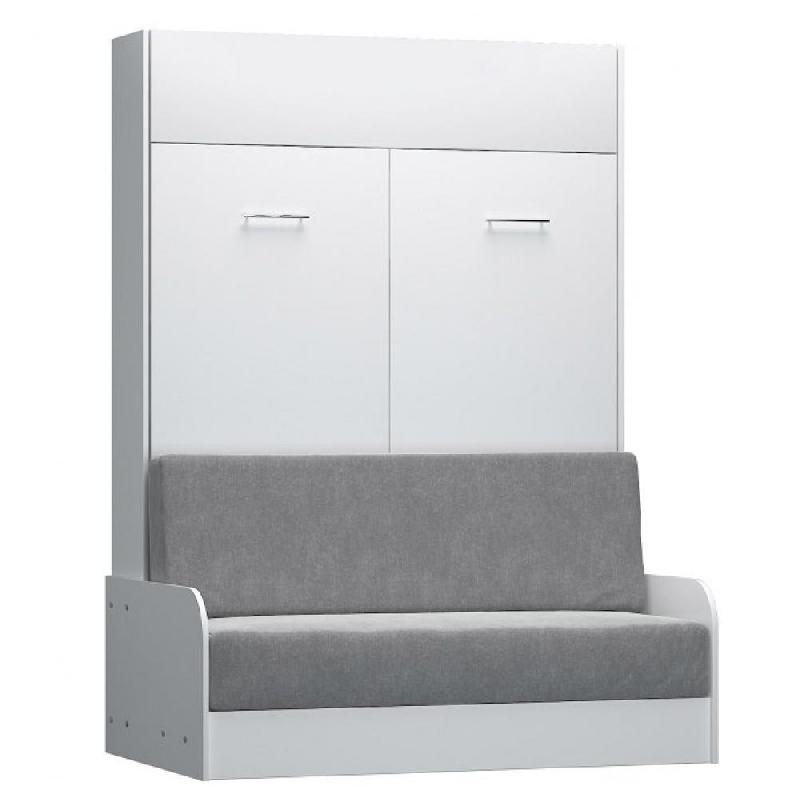 Armoire lit escamotable Dynamo Sofa - Canapé accoudoirs blanc mat et microfibre gris - Couchage 140x200 cm avec ouverture assistée_0
