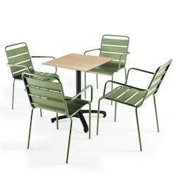 Oviala Business Ensemble table de terrasse stratifié chene naturel et 4 fauteuils cactus - Oviala - vert métal 110165_0