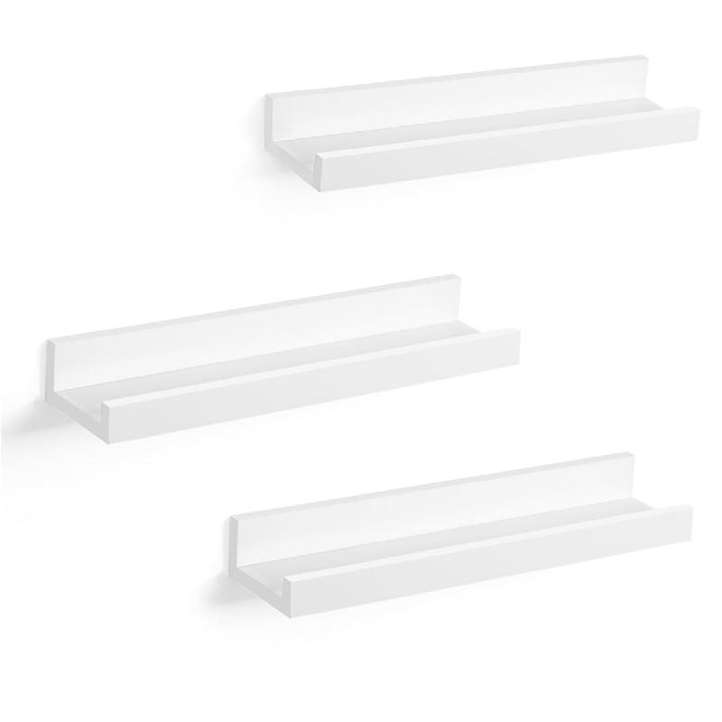 Lot de 3 étagères murales flottantes en bois - 38 x 10 cm - Blanc - Pour cadres photos, livres et objets de rangement - Réf. 3 12_0002876_0