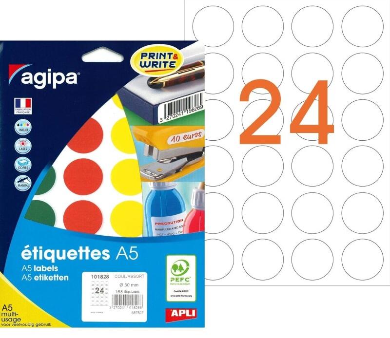168 étiquettes coloris assortis multi-usage, diamètre 30 mm (7 feuilles A5 / cdt) - 3270241018288_0