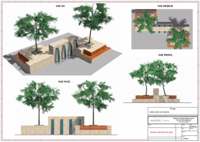 Fontaine extérieure avec banc en bois - Modèle B - Assise intégrée avec espace de fleurissement_0
