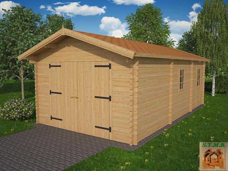 Garage simple bois platane 30 / 30 m² / toit double pente / porte battante / 3.98 x 7.50 x 2.84 m_0
