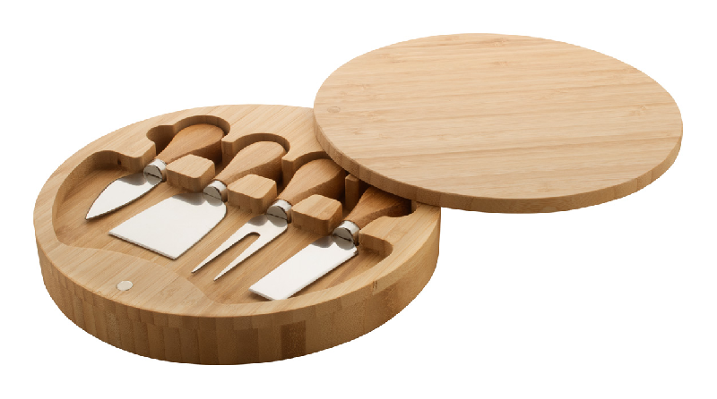 Planche à découper en bambou ronde - Set de 4 couteaux à fromage en acier inoxydable_0