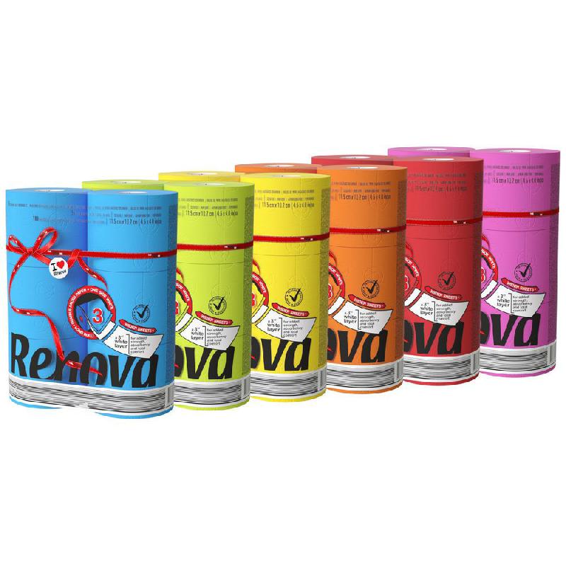 RENOVA MAXI RED, PAPIER TOILETTE COULEUR EN MAXI ROULEAUX, TRIPLE ÉPAISSEUR, 180 FEUILLES, 6 COLORIS PANACHÉS (LOT DE 36)