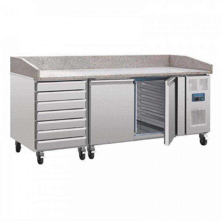 Comptoir inox à pizza 257 Litres, 2 portes (L)600 x (P)400 mm, 7 tiroirs à pâtons, dessus en marbre, 300 W, 220 V - MONO_0