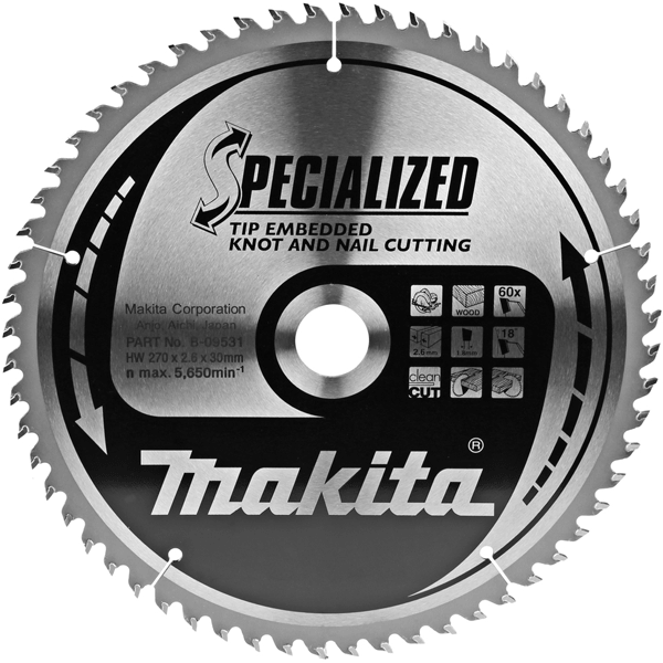 LAME SCIE CIRCULAIRE BOIS ET CLOUS SPECIALIZED MAKITA DIAMÈTRE 270 MM ALÉSAGE 30 MM 60 DENTS