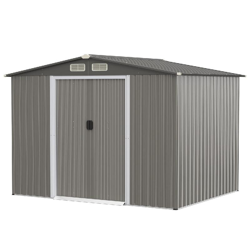 ABRI DE JARDIN MÉTAL EXTÉRIEUR 9,74M³ ACIER GALVANISÉ AVEC FONDATION 4 PERSIENNES DOUBLE PORTE ET RAMPE 260 X 207 X 181 CM GRIS FONCÉ 20_0001564_0