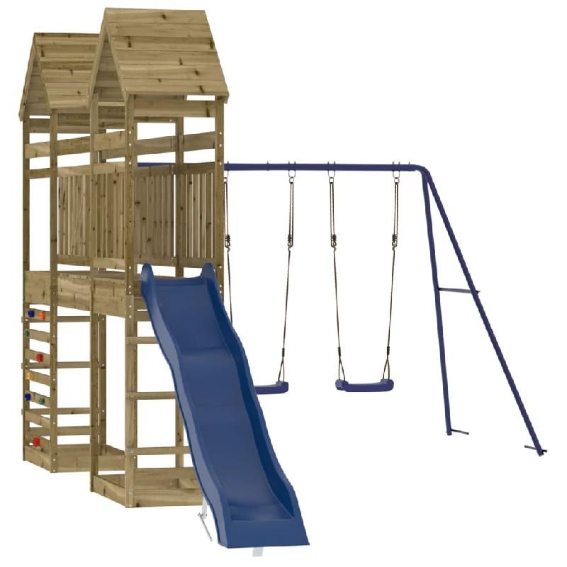 Aire de jeux d'extérieur robuste - balançoires, toboggan, portiques, bois de pin imprégné - 315x547x264 cm - Réf : 02_0004703_0