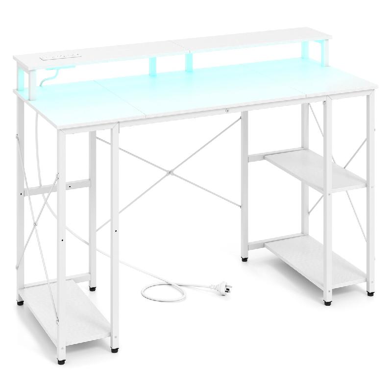 COSTWAY Bureau avec Lumières LED, Prises, Support Moniteur, Angle avec Étagères et Charge, 120x50x87 cm, Blanc - blanc Bois manufacturé VH36724PQ-IT_0