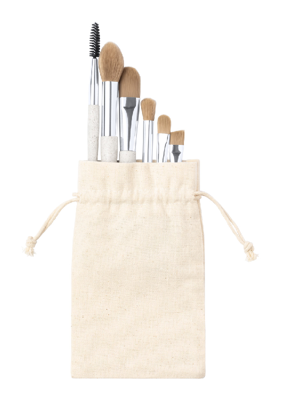 Ensemble de 6 pinceaux de maquillage - Paille de blé écologique et plastique PP - Pochette en coton avec cordon de serrage_0