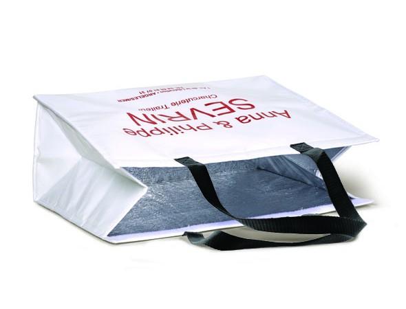 Sacs et sachets plastiques réutilisables isothermes blancs - polypro tissé pelliculé brillant avec poignées noires en nylon_0
